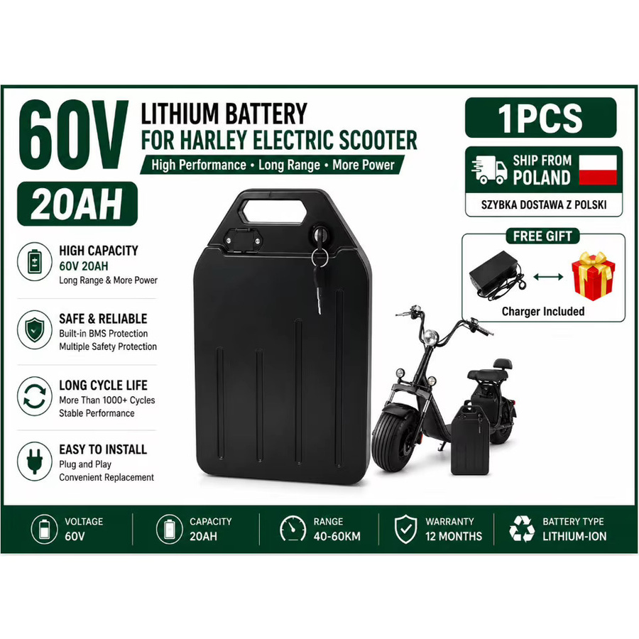 Wasserdichter Lithium-Ionen-Ersatzakku mit integriertem BMS für Citycoco Harley E-Motorrad, 60V, Farbe: Schwarz - Bild 6