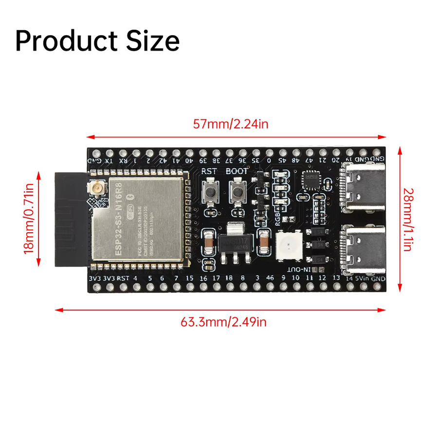 Gaqqee ESP32-S3-N16R8/N8R2 Wi-Fi und Bluetooth Entwicklungsplatine in Schwarz mit zwei Typ-C-Anschlüssen und Antennenanschlüssen - Bild 3