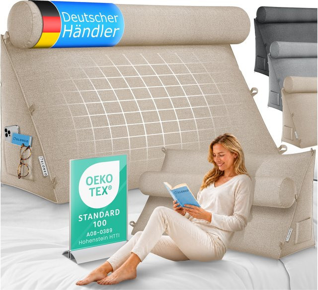 ELONEO Rückenkissen Sand mit verstellbarer und abnehmbarer Nackenrolle, dreieckiges Keilkissen für Bett und Sofa mit waschbarem Bezug und Seitenfach, Breite: 90 cm - Bild 1