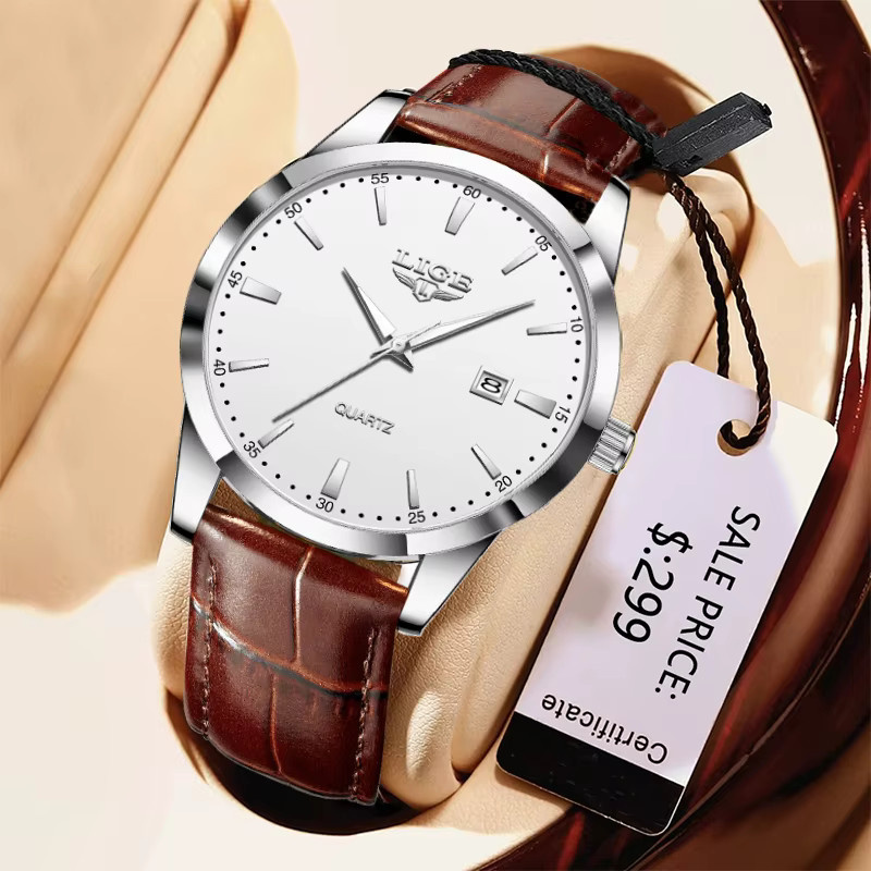 LIGE Armbanduhr Quarz, Leder, Weiß, Silber, Damen, Datum - Bild 5