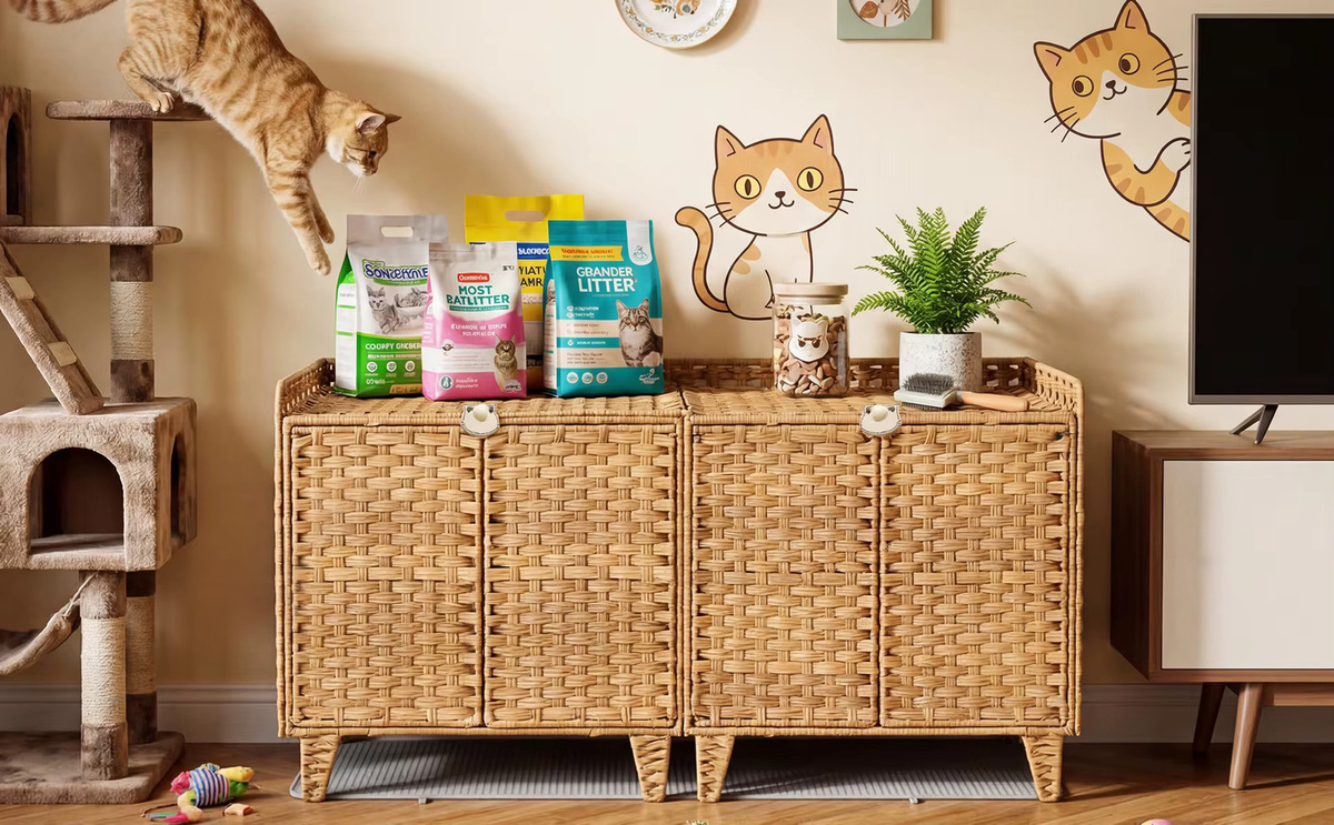 HiMISS Katzenklo-Möbel aus handgeflochtenem Rattan in Grau mit Tür und Matte im Boho-Stil - Bild 6