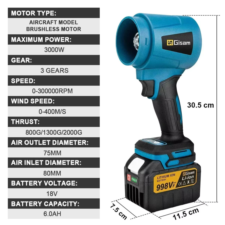 Makita Akku-Turbo-Gebläse Jet Fan Handheld Laubbläser und Staubbläser in Blau für 18 V Akkus mit 300.000 RPM und 400 m/s - Bild 2