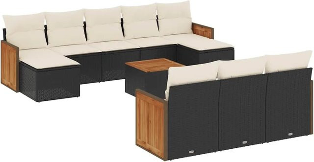 vidaXL 11-teilige Garten-Sofagarnitur aus Poly-Rattan und Akazienholz in Schwarz mit Kissen - Bild 1