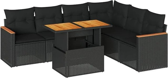 vidaXL 7-teilige Garten-Sofagarnitur in L-Form aus schwarzem Poly-Rattan mit Kissen und Akazienholz - Bild 1