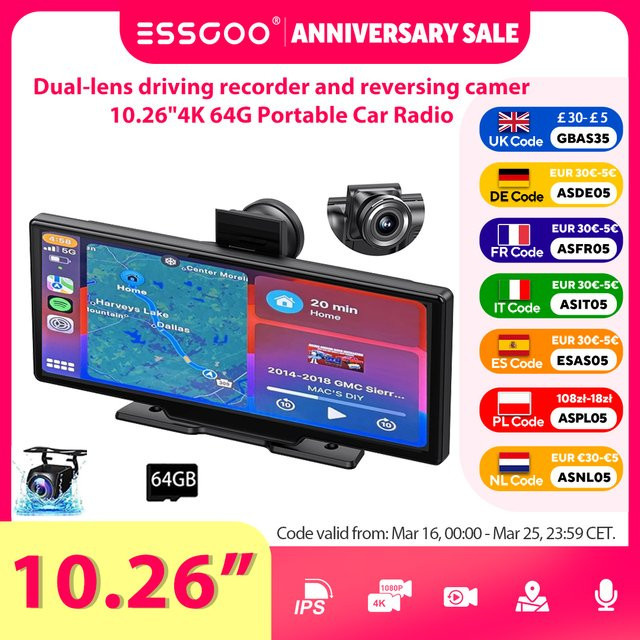 ESSGOO Tragbares Autoradio mit 10.26 Zoll 4K Touchscreen, 64G Speicher, Drahtlos Apple CarPlay und Android Auto, Dash Cam, Bluetooth, GPS, WiFi, Rückfahrkamera und Navigation in Schwarz - Bild 1