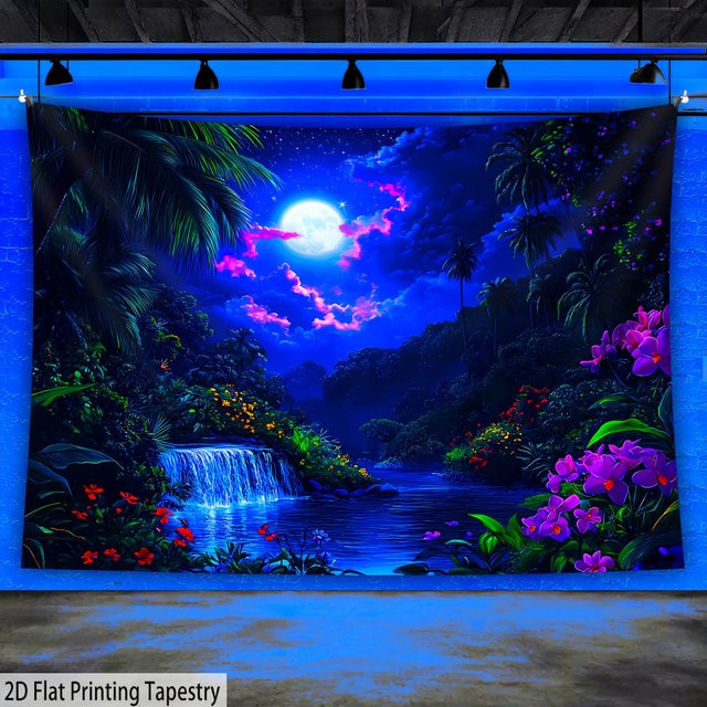 VIKAMA Wandteppich Regenwald mit tropischem Dschungel, Wasserfall und Mondlicht, Mehrfarbig, Breite: 60 cm, Höhe: 40 cm - Bild 1