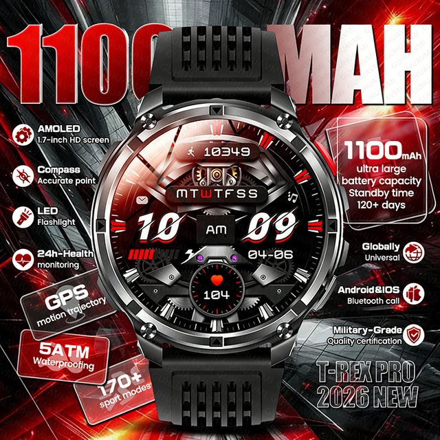 GUHUAVMI Herren Smartwatch Outdoor mit GPS, Kompass und AMOLED Display, 5ATM Wasserdicht, Bluetooth-Anruf, 170+ Sportmodi, Schwarz, 1100 mAh Akku - Bild 1