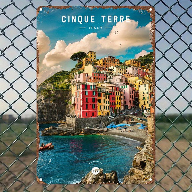MINISO Cinque Terre Italien Vintage Aluminiumschild, Mehrfarbiges Metall-Kunstposter für deine Wanddekoration, B/H: 30 x 20 cm - Bild 1