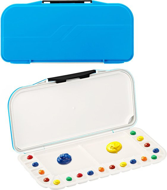 Luftdichte und faltbare Farbaufbewahrungsbox in Blau aus Kunststoff mit 3 zusätzlichen Malpaletten für Aquarell, Gouache, Acryl und Öl - Bild 1