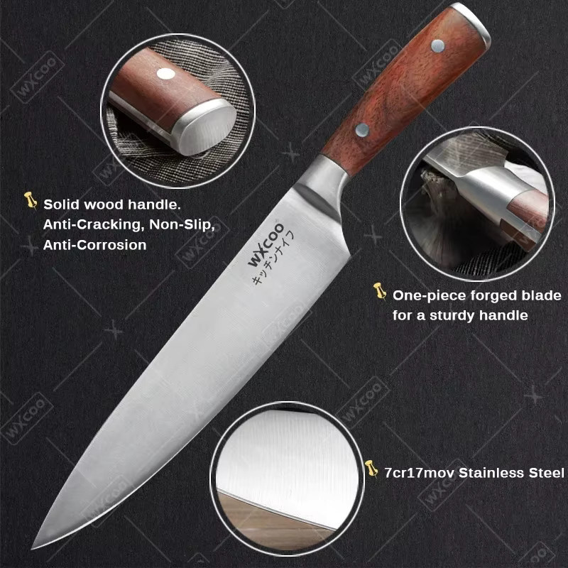 WXCOO Santoku Kochmesser mit japanischem Damast-Muster in Silber und Holzgriff - Bild 2