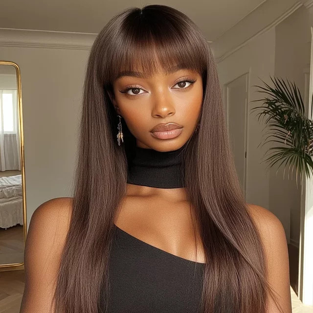 Braune lange gerade Echthaar-Perücke mit Pony, 100 % Remy-Haar, Damen - Bild 1