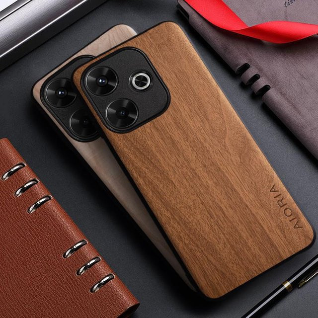 Xiaomi Handyhülle mit Bambus-Holzmuster und Lederabdeckung für Redmi 13 12 10 9 8 6 5 Plus 12C 10A 10C 9A 9C 8A 4G 5G in Braun und Weiß - Bild 1