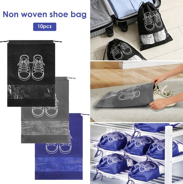 10 Stück willkey Reise-Schuhtaschen mit Kordelzug und transparentem Fenster, wiederverwendbare Aufbewahrungstaschen für Sportschuhe in Schwarz und Blau - Bild 1