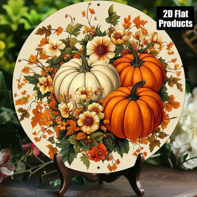 Rundes Aluminiumschild Potdemiel mit Kürbis und Blumen im Vintage-Design, Durchmesser: 20,32 cm, Mehrfarbig - Bild 1