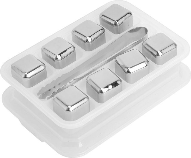 Fishine Edelstahl Eiswürfel Wiederverwendbare Kühlsteine Set mit Zange und Aufbewahrungsbox, 8 Stück, Grau/Silber - Bild 1