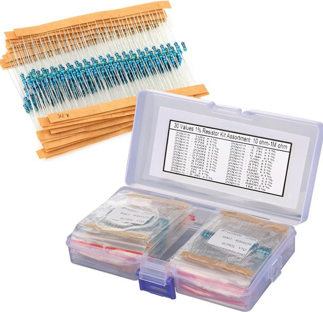 AOKIN 600-teiliges Metallschichtwiderstands-Set, sortiertes Kit mit 30 Werten, 1/4 W, 1 Ohm-10 Mohm, 1 % Toleranz, multicolour - Bild 1
