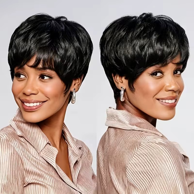 OYM HAIR Pixie-Perücke aus Echthaar, kurze Bob-Perücke mit Fransen, Damen - Bild 2
