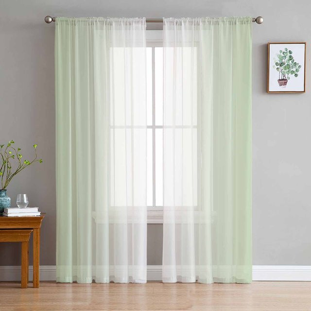 Yiran Furniture Transparente Tüll-Voile-Organza-Vorhänge mit grünem und weißem Farbverlauf, B: 135 cm, H: 115 cm - Bild 1