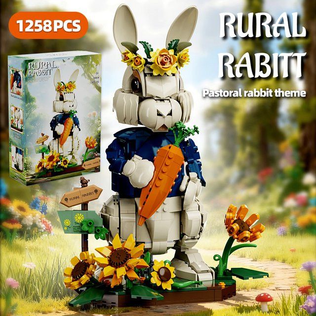 FINGERROCK Bausteine Set Pastorale Kaninchen Figuren mit Blumen für die Dekoration, 1258 Teile, Multicolor - Bild 1