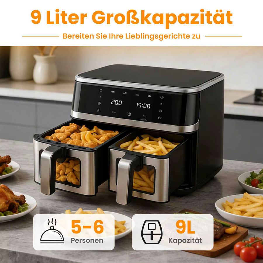 Aiorber Heißluftfritteuse 8L mit Sichtfenster und Digital-Touch-Display, 1400W XXL Air Fryer in Schwarz - Bild 2