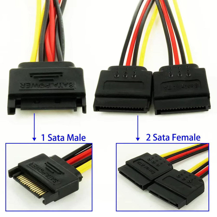 SATA 1 auf 2 Splitter Kabel in Schwarz für Computer und Festplatten (HDD) als Y-Form Netzteilkabel - Bild 3