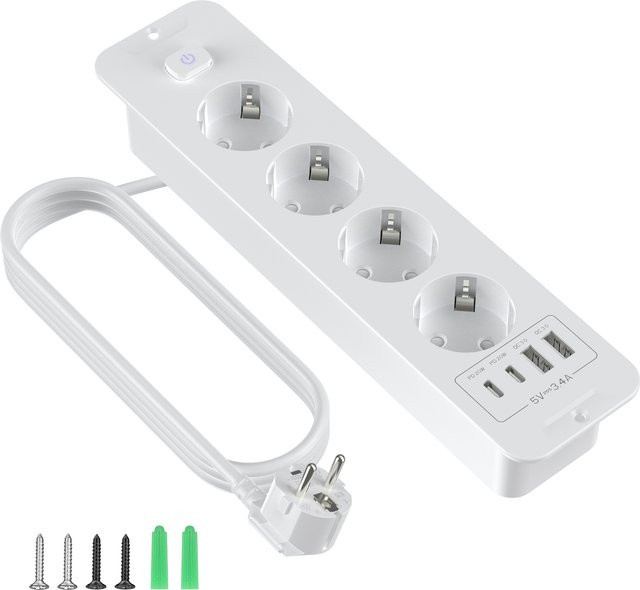 HITRENDS Multifunktionale Einbausteckdose in Weiß mit 6 AC-Anschlüssen, 2 USB-C-Ports, 20W PD Schnellladung und Überspannungsschutz für Zuhause und Büro - Bild 1