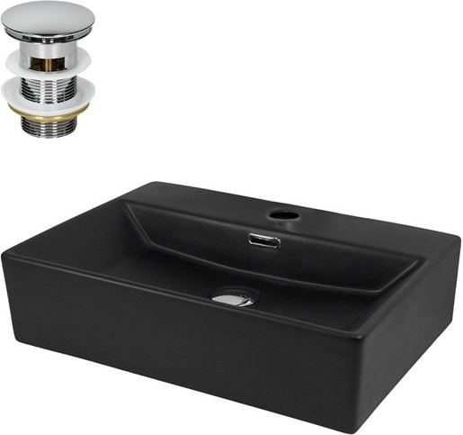 LuxeBath Keramik Waschbecken in Schwarz mit Ablaufgarnitur und Überlauf, B/T/H: 51,5 x 36,0 x 13,0 cm - Bild 1