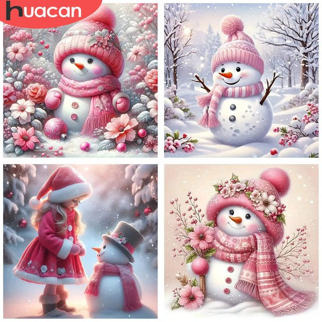 HUACAN DIY Diamantmalerei Set Schneemann Winter Szene mit floralen Elementen, 5D Mosaik Bild in Multicolor, Vollbohrer mit Full Round Steinen - Bild 1