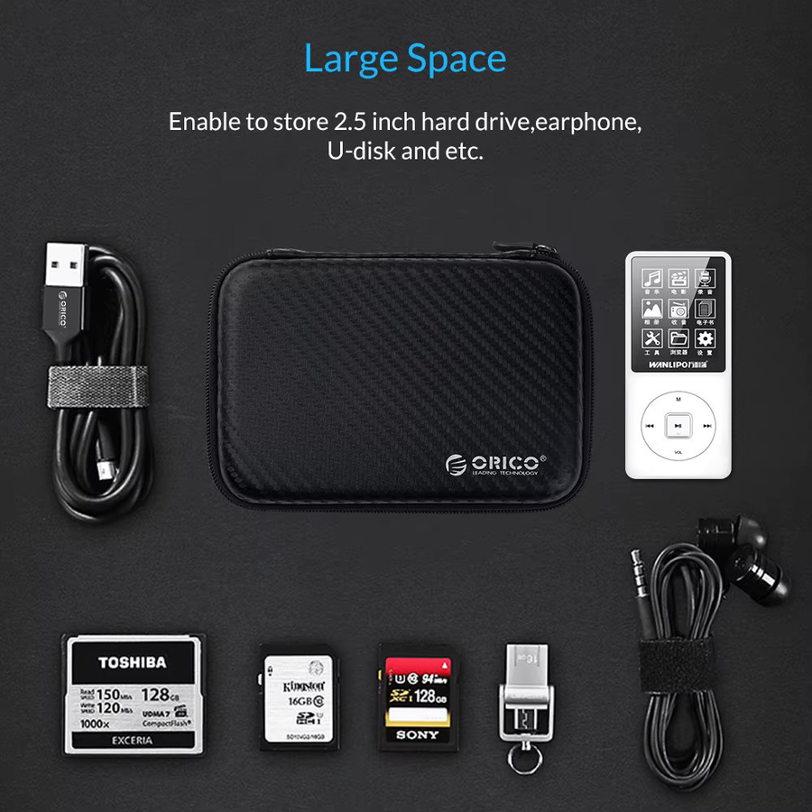 ORICO Tragbare Festplattenschutztasche für externe 2,5-Zoll-Festplatten, U-Disks und Kopfhörer, Schwarz - Bild 2