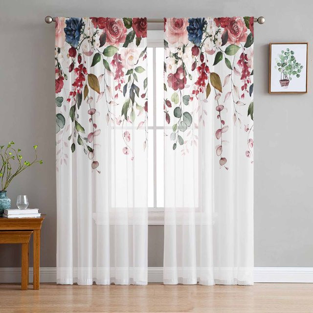 Transparenter Tüll-Vorhang mit floralem Rosenblumen-Design in Weiß, B: 135 cm, H: 115 cm - Bild 1