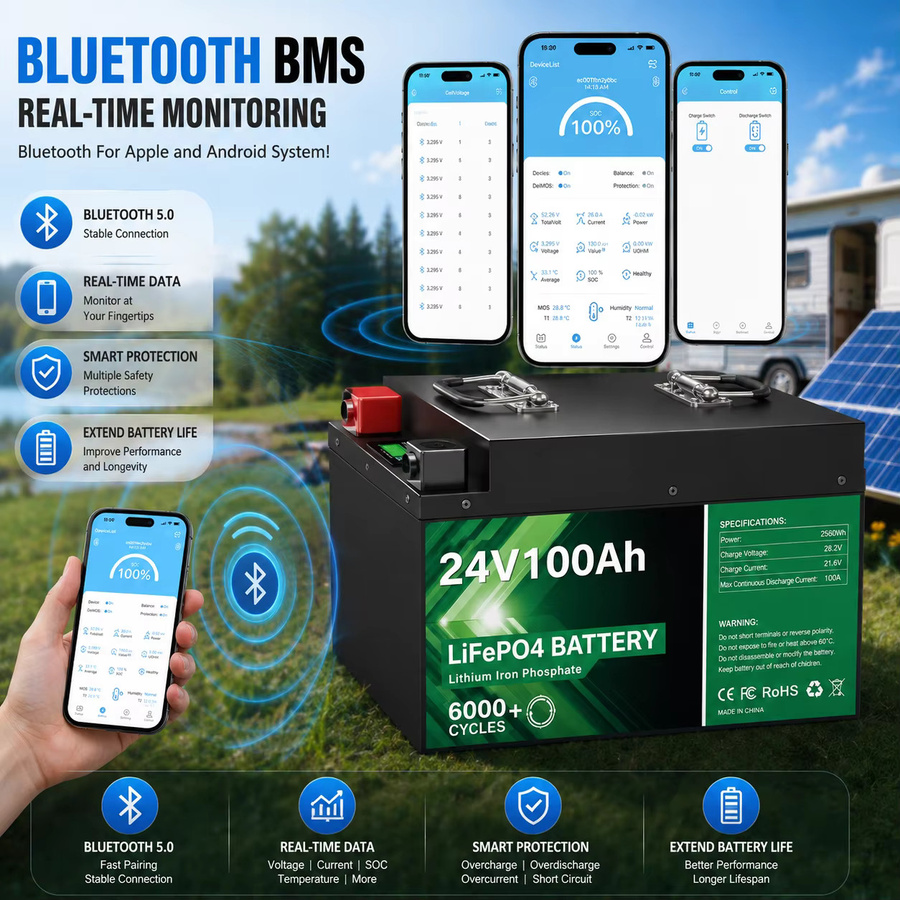 LEYOHO LiFePO4 24V 100Ah 2,56kWh Lithium-Batteriepack mit Bluetooth BMS in Schwarz - Bild 3