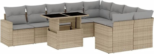 vidaXL 10-tlg. Garten-Sofagarnitur in L-Form aus beigem Poly-Rattan mit UV-beständigen Kissen und pulverbeschichtetem Stahlgestell - Bild 1