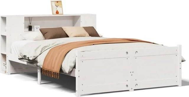 vidaXL Massivholzbett aus Kiefer mit integriertem Regal in Weiß, B/T/H: 160 x 200 x 82 cm - Bild 1