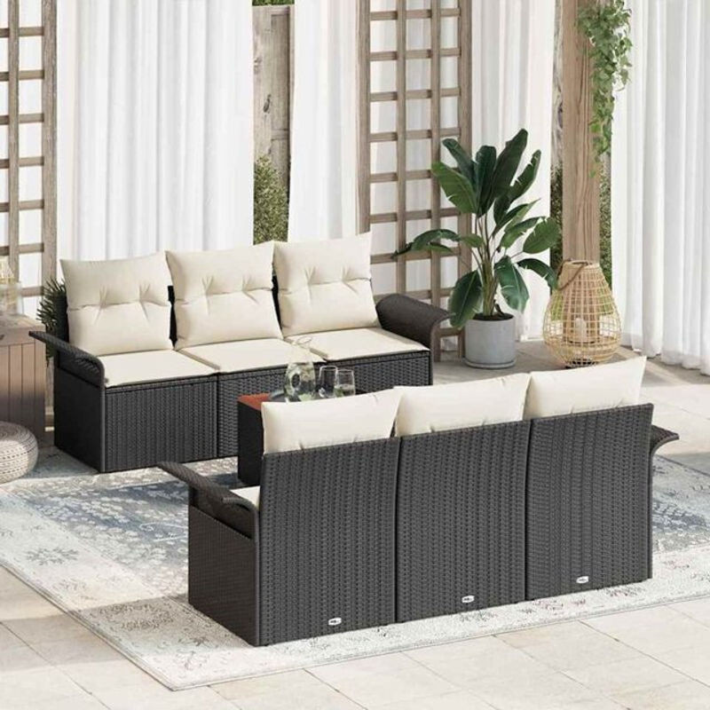 Vidaxl Garten-Sofa-Set aus Polyrattan mit Kissen, 7-teiliges Loungemöbel-Set in Schwarz und Creme, B/T/H: 55 x 55 x 37 cm - Bild 1