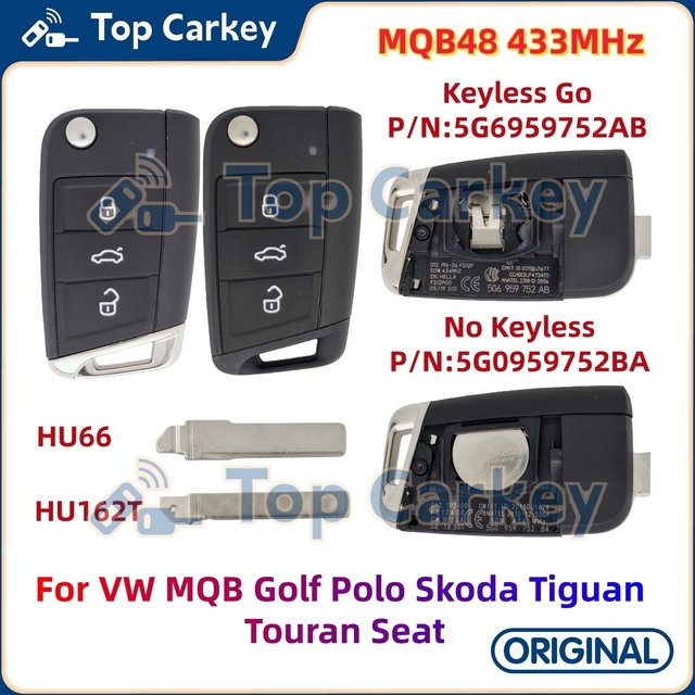 TopCarkey Original Flip Fernbedienung Schlüssel MQB48 Chip 433MHz für VW Golf Polo Virtus Tiguan Touran in Schwarz - Bild 1