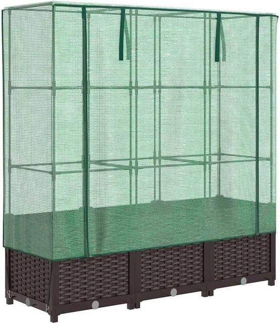 Furnicato Hochbeet in Rattan-Optik mit Gewächshaus-Aufsatz und wasserfester Abdeckung, Braun, B/T/H: 120 x 40 x 138 cm - Bild 1