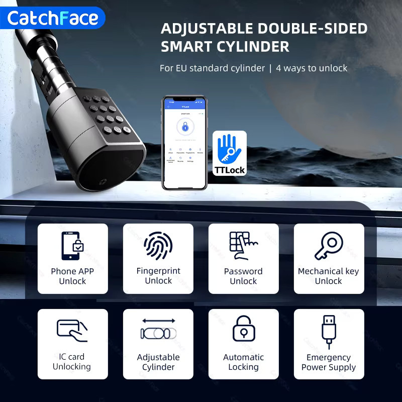 Catchfcae Smart Türschloss Digital in Schwarz mit Fingerabdruck, App-Steuerung, RFID-Karte und Passwort als einstellbarer Ersatzzylinder - Bild 3