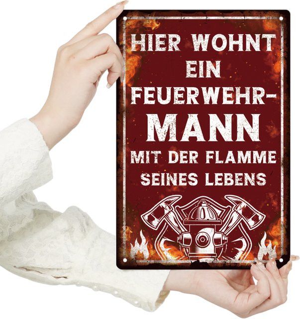 Hello Young Feuerwehr Vintage Metallblechschild Wandkunst Dekor B: 30,0 cm, H: 20,0 cm, T: 1,0 cm - Bild 1