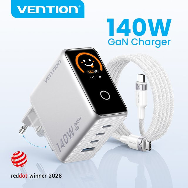 Vention 140W GaN-Ladegerät mit Smart-Display und USB-C Anschluss für iPhone, Samsung und Laptops - Bild 1