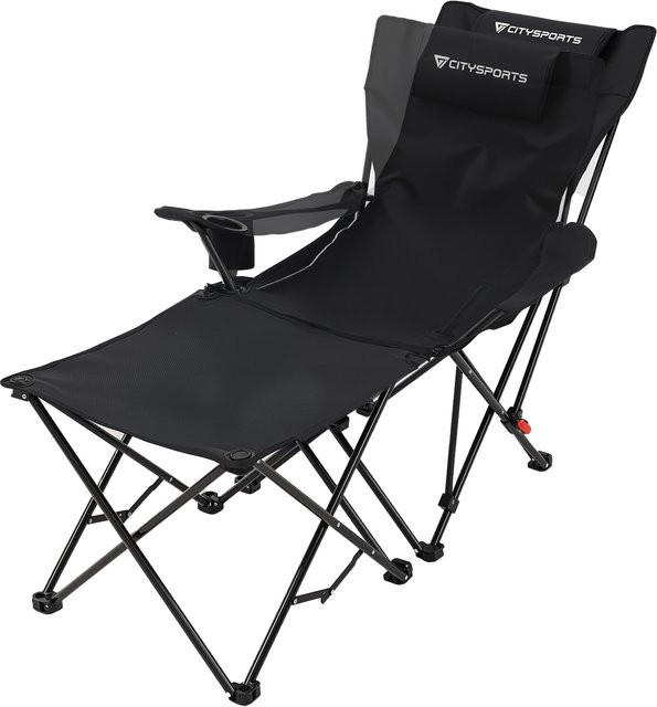 CITYSPORTS PRO Campingstuhl mit Fußstütze und Kopfstütze in Schwarz mit Getränkehalter und verstellbarer Rückenlehne, Belastbarkeit bis 120 kg - Bild 1