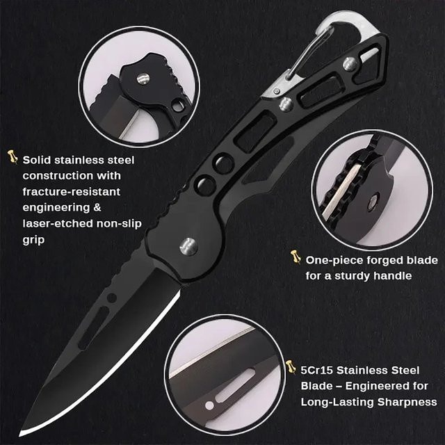 Multifunktionales Mini-Klappmesser aus Edelstahl in Schwarz für Outdoor und Camping - Bild 1