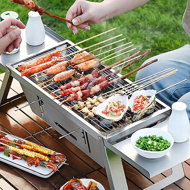 Tragbarer Edelstahl Holzkohlegrill in Silber, faltbarer Tischgrill für den Außenbereich, B/T/H: 42,0 x 21,5 x 17,0 cm - Bild 1
