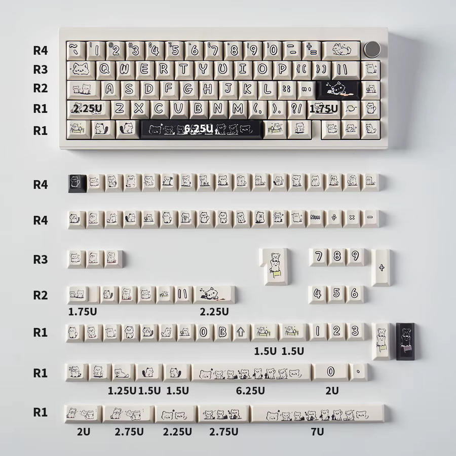 Venit Keys PBT Tastenkappen im Cherry Profile mit niedlichem Katzen-Design, 148 Tasten, Farbe: Weiß, kompatibel mit Cherry MX Switches - Bild 4