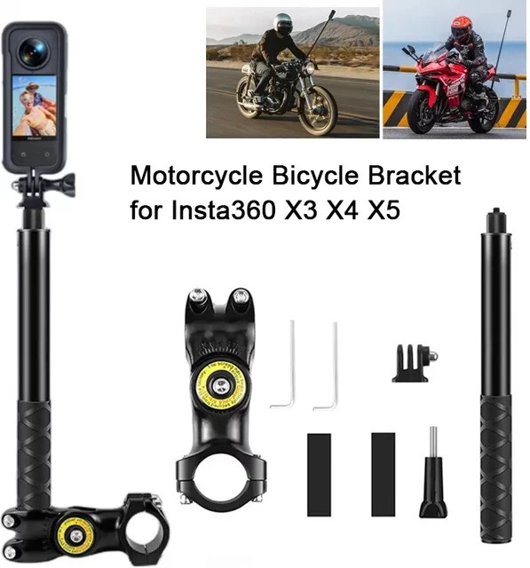 Insta360 Motorrad und Fahrrad Halterung mit unsichtbarem Selfie Stick für X3 X4 X5 sowie kompatibel mit GoPro Hero 13 12 11 10 und DJI Action Kameras, Schwarz - Bild 1