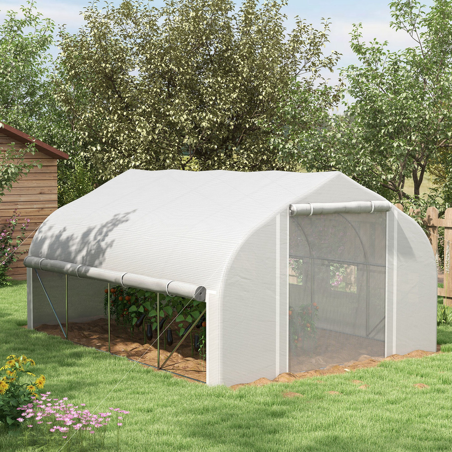 Outsunny Tunnel-Gewächshaus mit 12m² Fläche, B/T/H: 395 x 300 x 200 cm, weiß, mit Tür, 8 Fenstern und Moskitonetz für Gemüse und Obst - Bild 2
