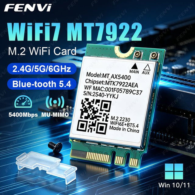 FENVI WiFi 6E MT7922 M.2 Netzwerkkarte mit Bluetooth 5.4, Tri-Band 2,4 GHz/5 GHz/6 GHz, 5374 Mbit/s, 802.11AX Wireless-Adapter für PC und Laptop, kompatibel mit Windows 10/11 - Bild 1