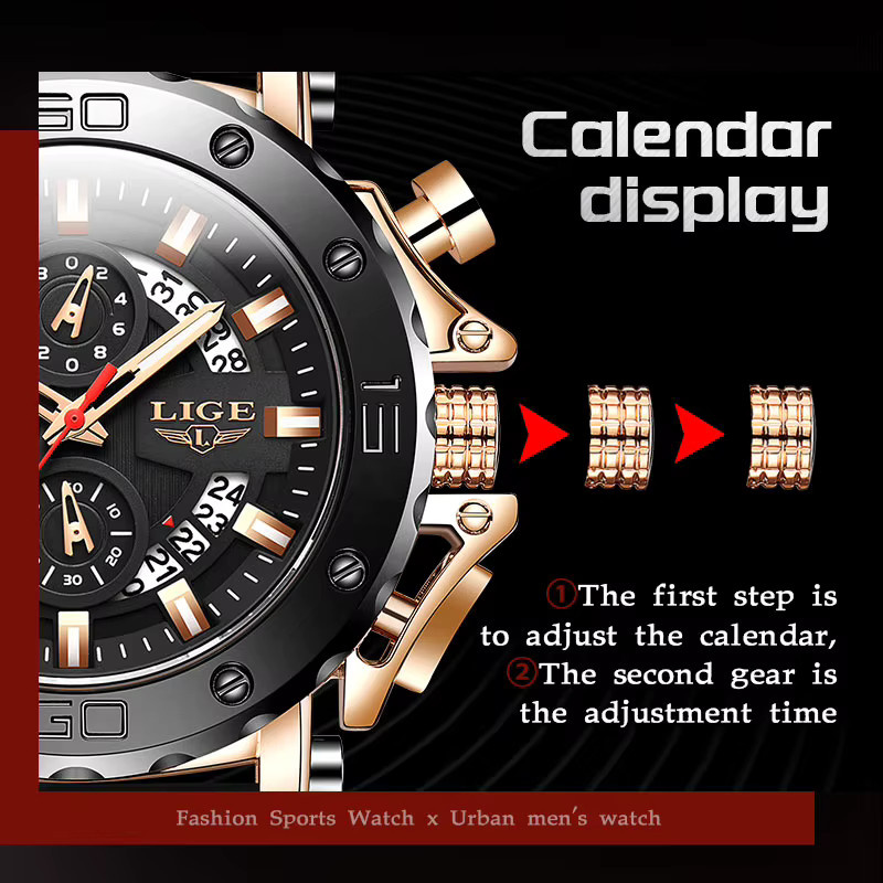 LIGE Chronograph, Quarz, Schwarz, Silikon, Herren - Bild 3