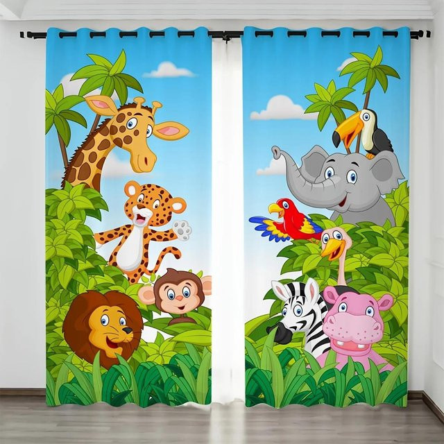 Yiran Furniture Wald Zoo Vorhänge mit Tierprint für Kinder, 2er-Set, Weiß/Mehrfarbig, B: 60 cm, H: 50 cm pro Panel - Bild 1