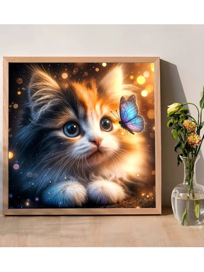 Momoart Tier-Diamantstickerei Katzenbild mit Ahornblatt als Strass-Mosaik Kunsthandwerk in Multicolour, B/T/H: 20 x 20 x 20 cm - Bild 3