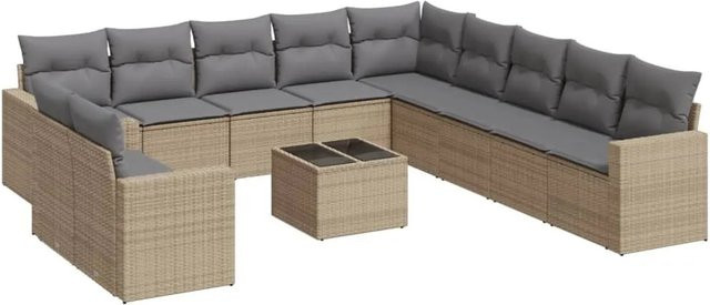 vidaXL 12-tlg. Garten-Sofagarnitur in L-Form aus Poly-Rattan mit Kissen in Beige-Grau - Bild 1